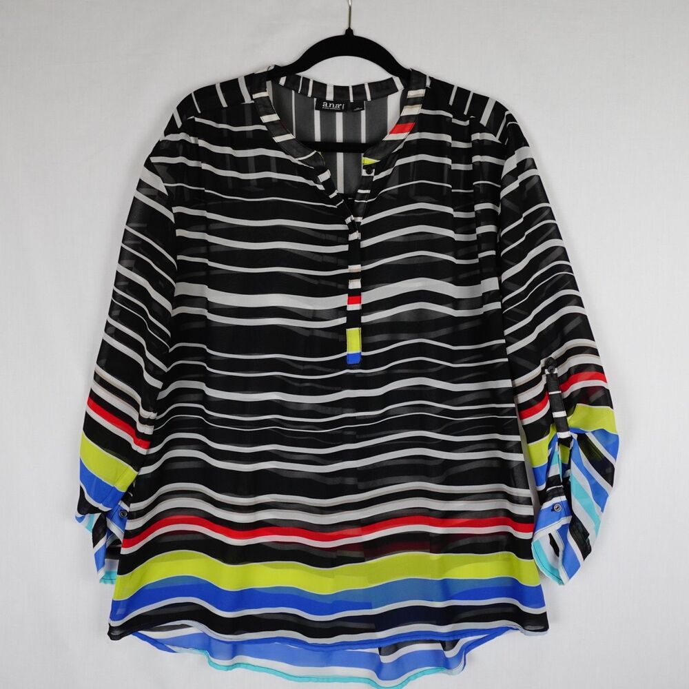 A.N.A Sheer Top Women's 1X Plus Size Stripes Multicolor Button Tab Sleeve V Neck